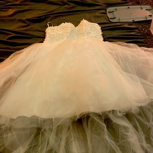 White strapless gown with pearls on top